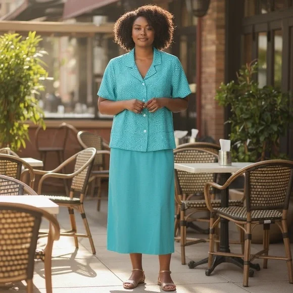 Miss Dorby Aqua and White Checked Short-Sleeved Jacket and Midi Dress Set 10P - Picture 2 of 15